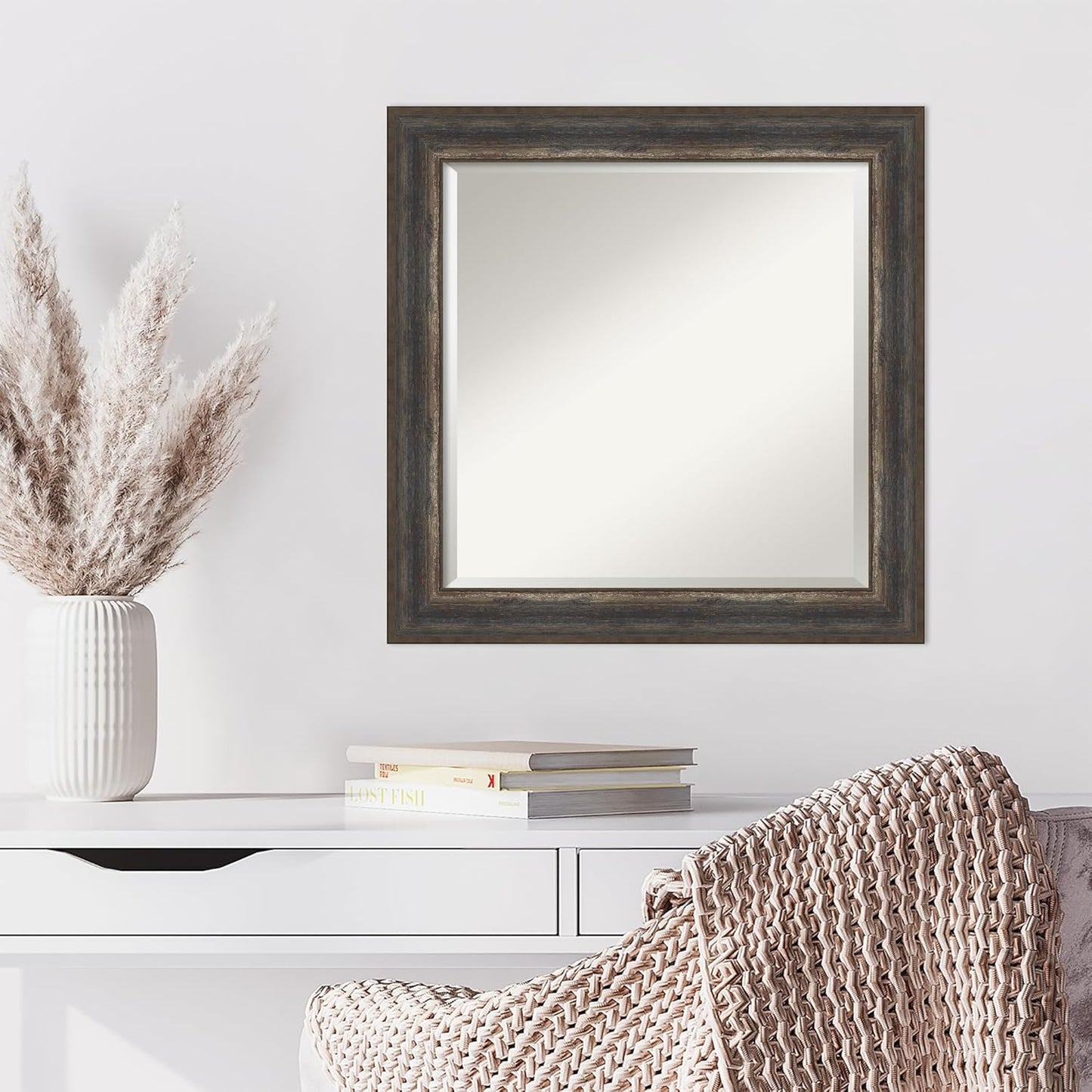 Amanti Art Brown Wall Mirror 25x25 Alta Rustic Char Square Bathroom Mirror for Wall Decor Living Room, Medium Rustic Farmhouse Frame, Hangs Horizonally and Vertically, Bathroom Decor, Beveled Edge