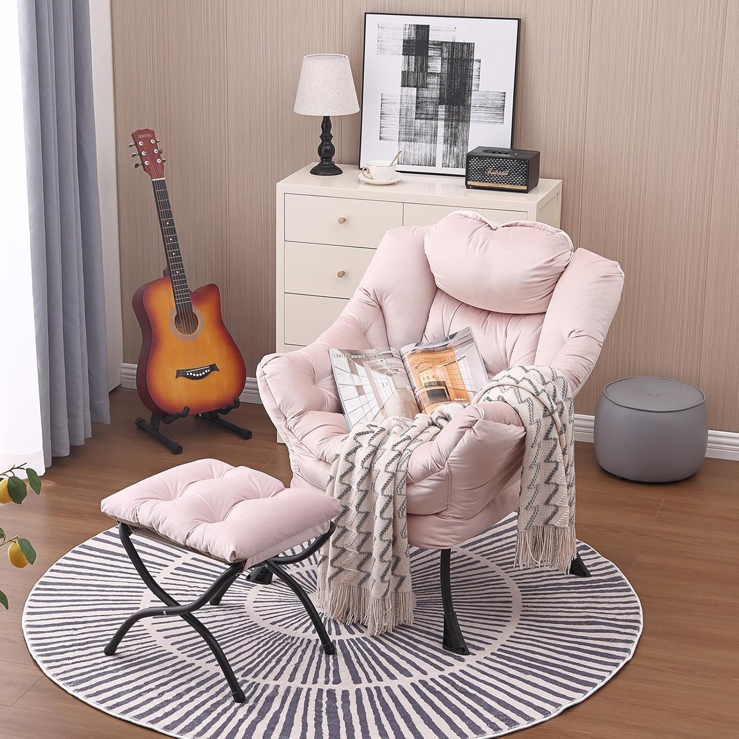 Lazy Chair and Ottoman, Large Accent Lounge Chair with Armrests and a Side Pocket, Modern Leisure Upholstered Sofa Reading Armchair with Footrest for Bedroom, Living Room, Dorm Rooms, Office