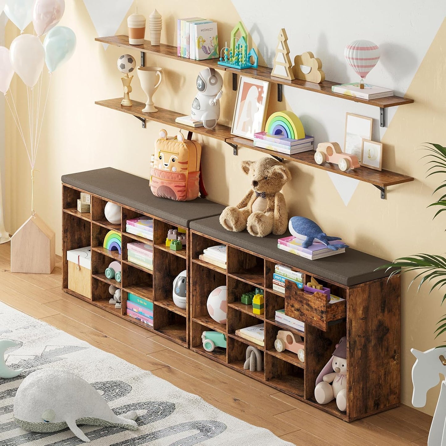 DINZI LVJ Shoe Bench, Entryway Storage Bench with Drawer and 15 Cubbies, Cubby Shoe Rack with Adjustable Shelves, Shoe Organizer Cabinet for Living Room, Bedroom, Mudroom and Garage, Rustic Brown