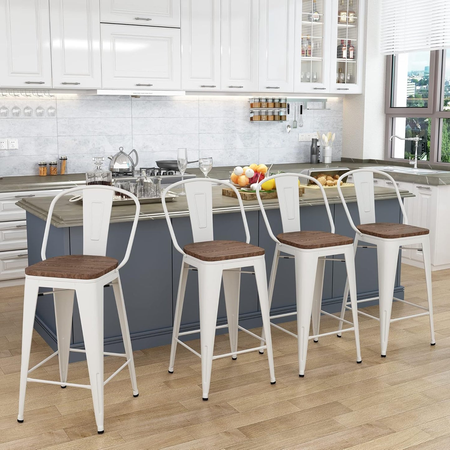 Yongqiang Metal Bar Stools Set of 4 Kitchen Island Counter Height Bar Stools High Back Farmhouse Barstools with Large Wooden Seat 24 inch Cream White