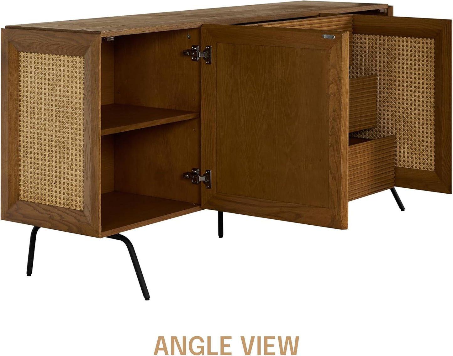 NTC MOSSIC Sideboard with 2 Doors and 3 Drawers, Buffet Cabinet with Natural Rattan and Metal Legs, Modern Storage Cabinet for Living Room, and Hallway, Effortless Assembly - Rustic Oak
