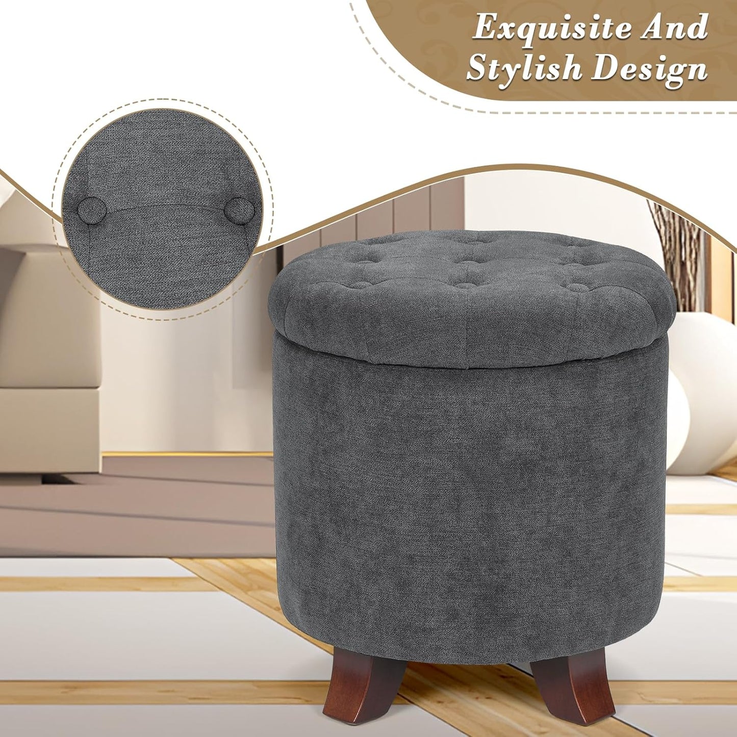 Athena Collection 15 Inch Small Ottoman with Storage, Round Linen Fabric Storage Ottoman Foot Rest with Removable Lid, Multipurpose Footstool Footrest for Living Room, Bedroom, Dorm, Dark Grey