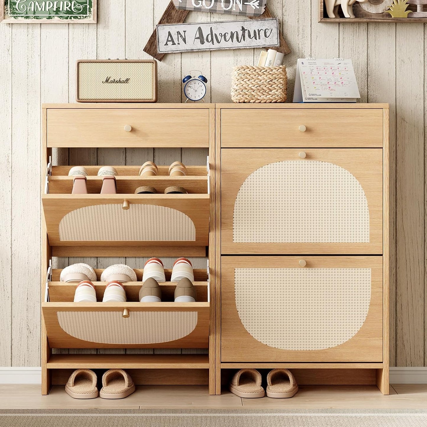 Nicetree Shoe Storage Organizer with 2 Flip Drawers and 1 Drawer, Freestanding Fluted Accent Narrow Shoe Rack, Farmhouse Shoe Cabinet with 3-Tier Adjustable Shelves for Hallway Foyer Rustic