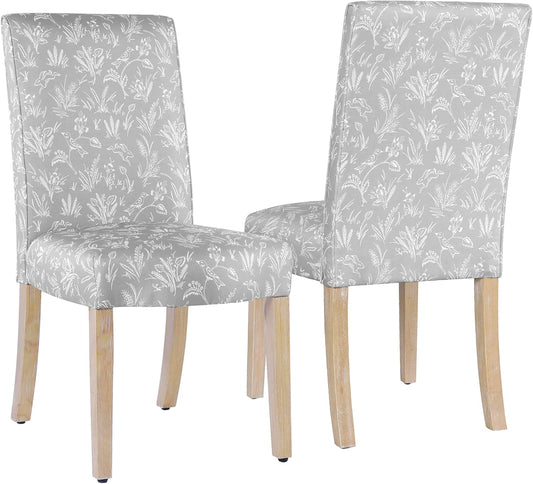 HomePop Scalloped Detail Dining Chair|Upholstered Parsons Dining Chairs |Decorative Home Furniture, Light Gray Floral with Animal Motifs (Set of 2)
