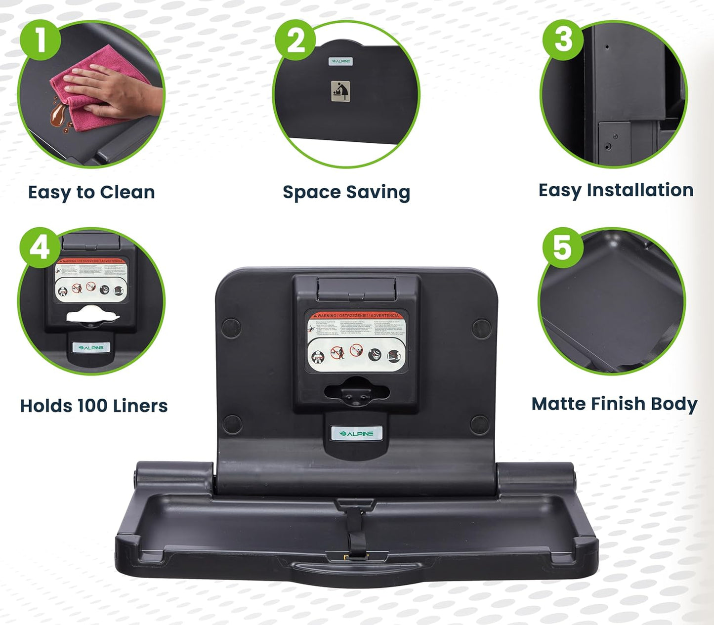 Alpine Wall Mounted Baby Changing Station - Horizontal Baby Changing Table Foldable Diaper Tables with Safety Strap for Commercial Bathroom, ADA Complaint (Hardware Included) Black