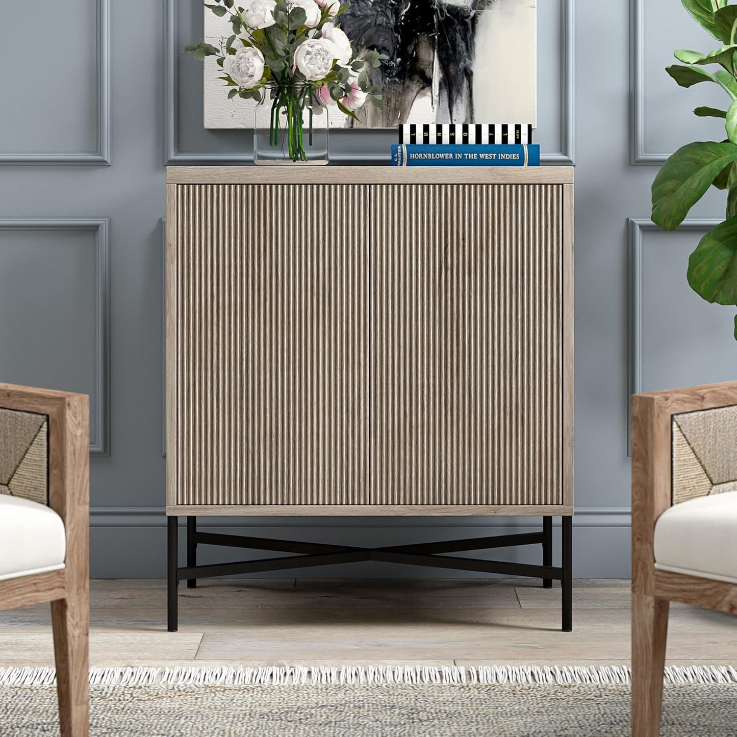 Henn&Hart 28" Wide Rectangular Accent Cabinet in Antiqued Gray Oak, for Home, Living Room, Bedroom, Entertainment Room, Office