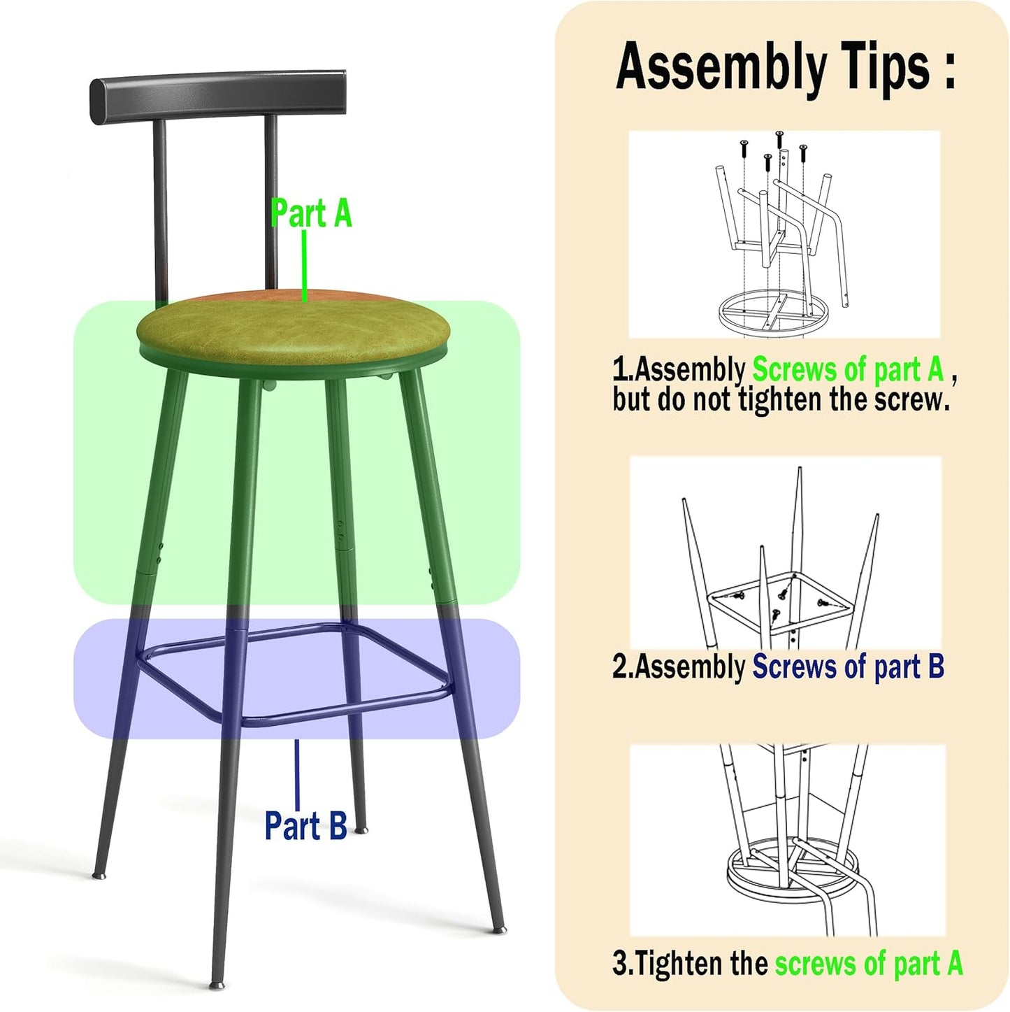 Bar Stools, Set of 2 High Kitchen Barstools, Bar Chairs with Backrest and Footrest, Industrial Counter Stools with PU Soft seat, for Kitchen, Living Room, Pub, Rustic Brown BS-013RB