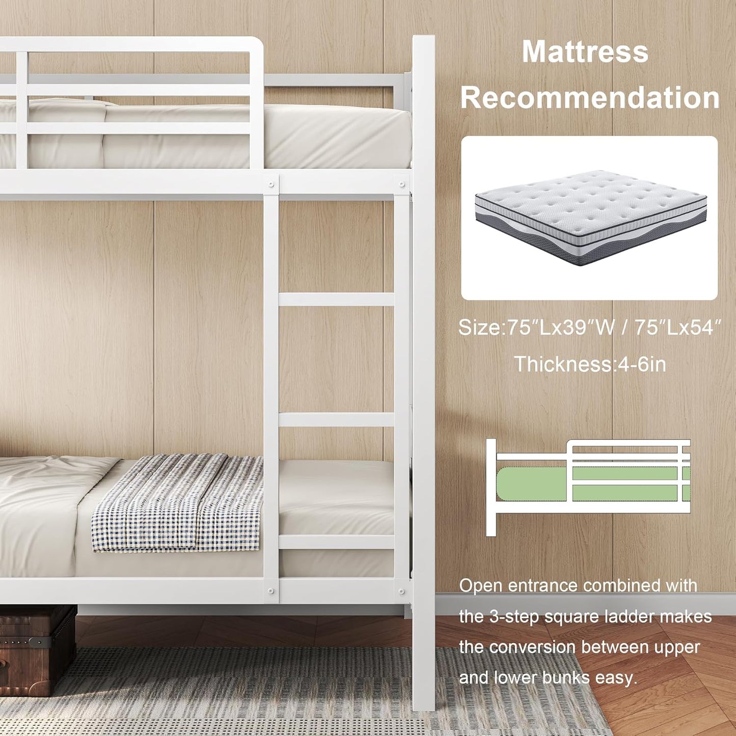 Feonase Metal Bunk Bed Twin Over Twin with Ladder and High Guardrail, Heavy-Duty Metal Slats Support, Noise Free, No Box Spring Needed, for Kids and Juniors, Black