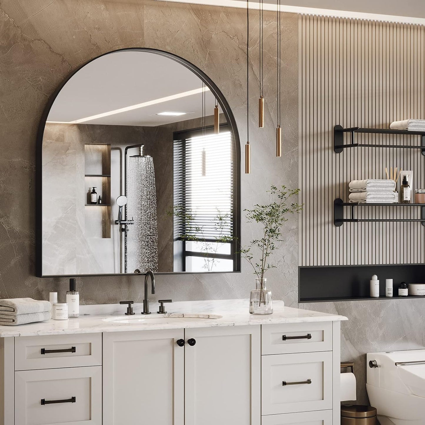 Brightify Arched Mirror, 31 x 33 Inch Black Arch Mirror, Metal Frame Black Arched Wall Mirror, Arched Top Bathroom Vanity Mirror for Living Room Bedroom Mantel Entryway Hallways