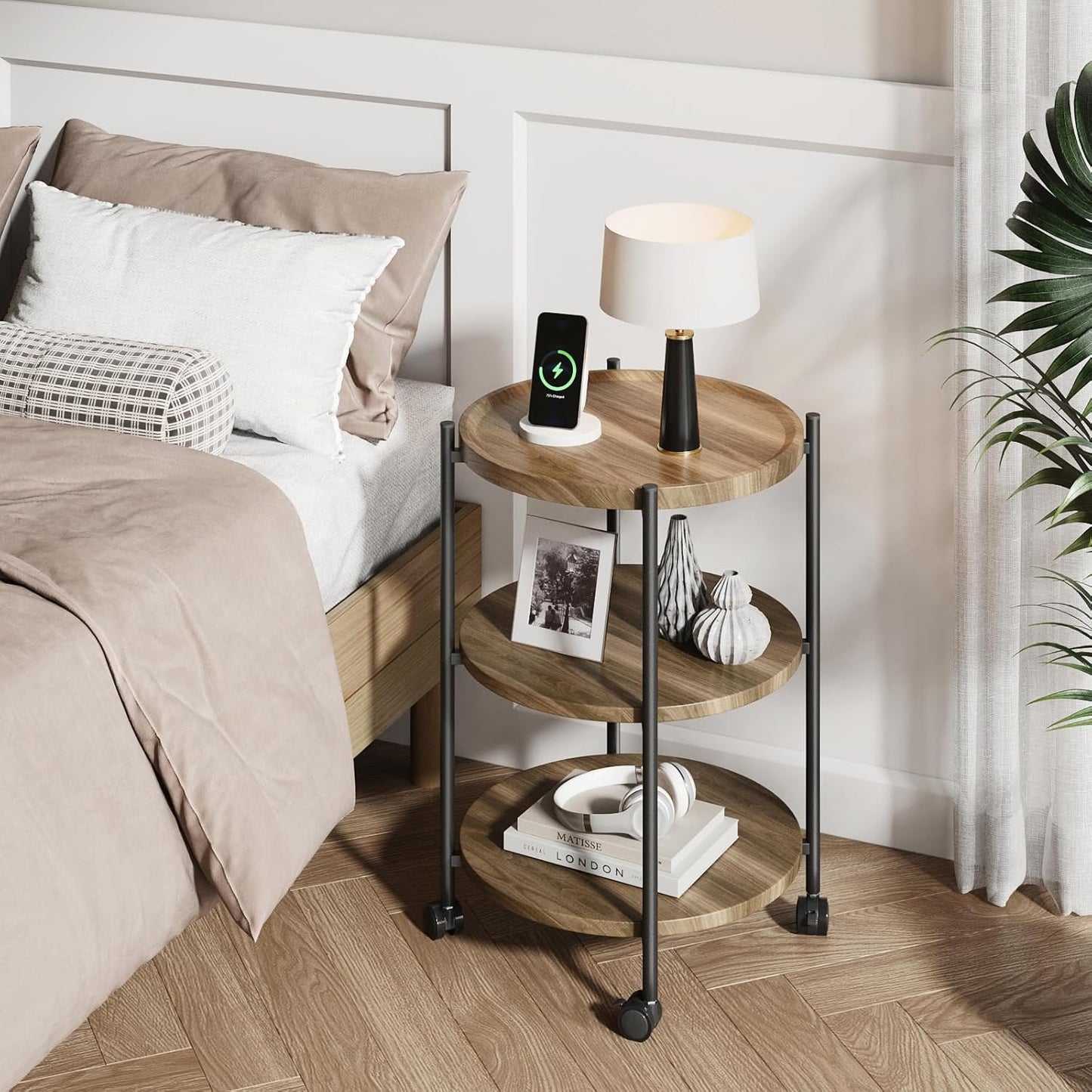 Side Table, 3-Tier Modern End Table with Wheels, Small Round Nightstand Bedside Table for Living Room, Bedroom, or Small Spaces-Walnut