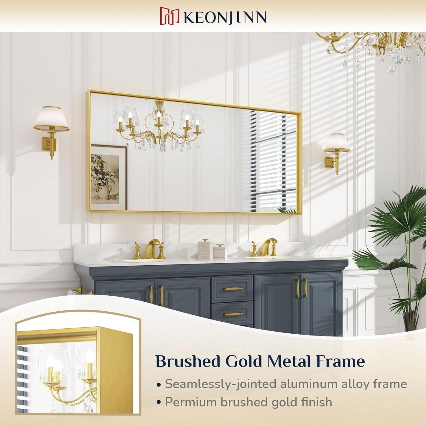 Keonjinn Brushed Gold Bathroom Mirror 60” x 30” Metal Framed Rectangular Wall Mirror Large Farmhouse Bathroom Mirrors Rectangle Gold Wall-Mounted Vanity Mirrors(Horizontal/Vertical)