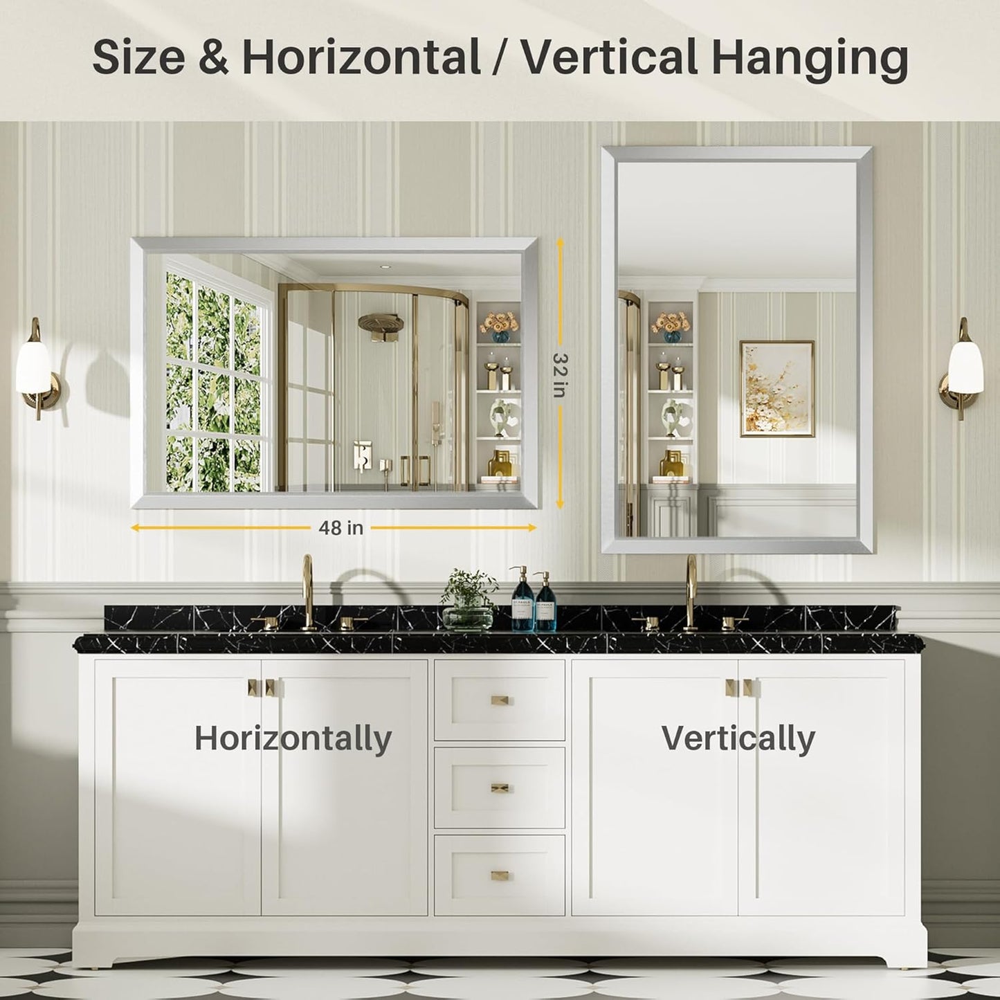 48x32 Inch Silver Bathroom Mirror for Wall, Thick Metal Framed Rectangle Mirrors for Over Sink, Bedroom, Living Room, Entryway, Anti-Rust, HD Tempered Glass