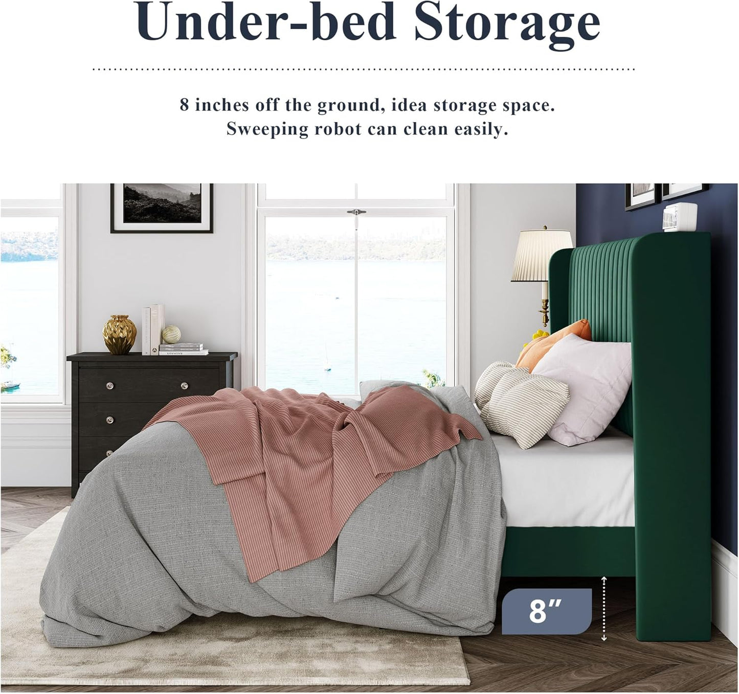 Allewie Full Size Bed Frame/Velvet Upholstered Platform Bed/Vertical Channel Tufted Wingback Headboard/Strong Wooden Slats/No Box Spring Needed/Easy Assembly/Green