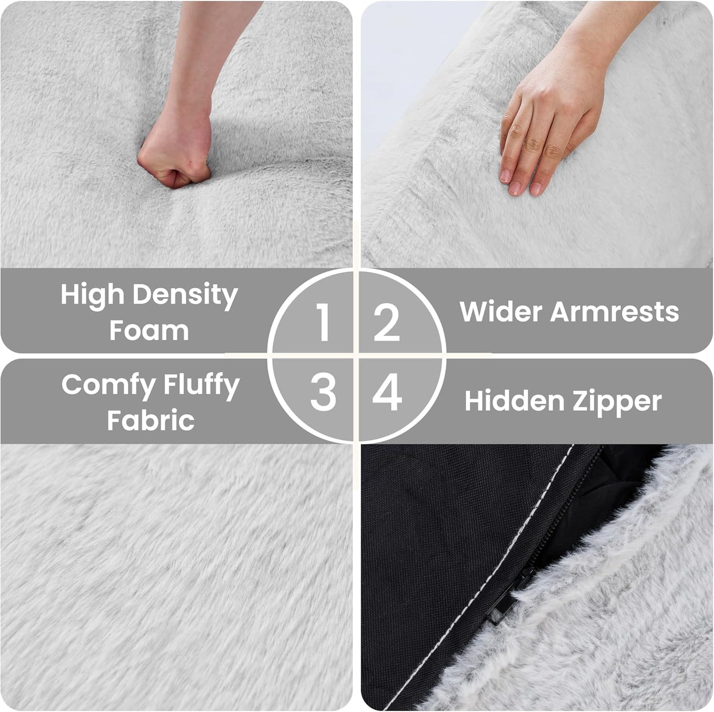 Bean Bag Chairs for Adults, Giant Beanbag Sofa Comfy Reading Chair, Oversized Bean Bag Chairs for Living Room Bedroom, Soft Faux Fur Fabric, 3.2FT, Light Grey, Plush