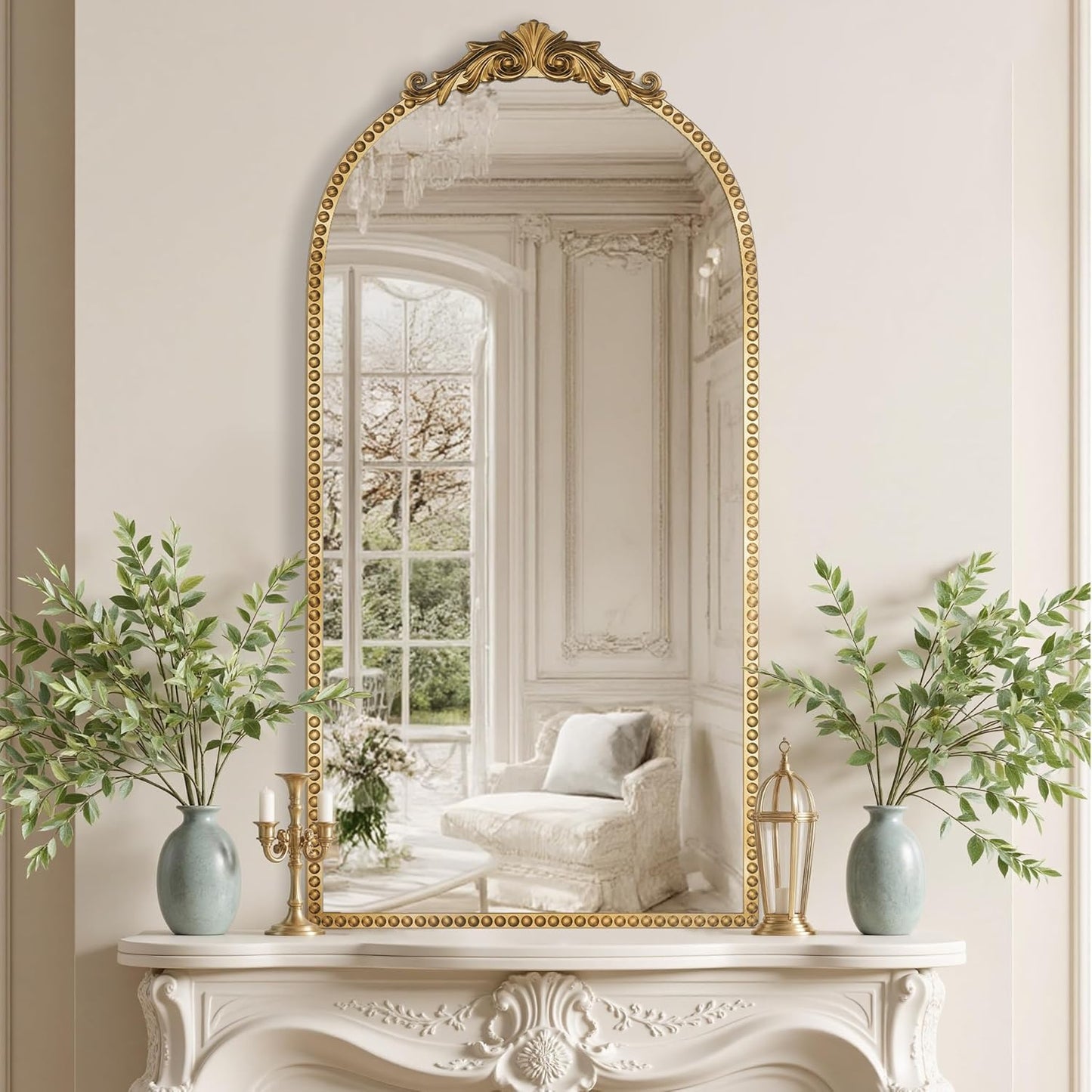 Antique Gold Vintage Wall Mirror 24"x48" - Elegant Baroque Metal Beaded Frame for Living Room, Bedroom, Bathroom, Fireplace, or Entryway, Full Length Decorative Mirror