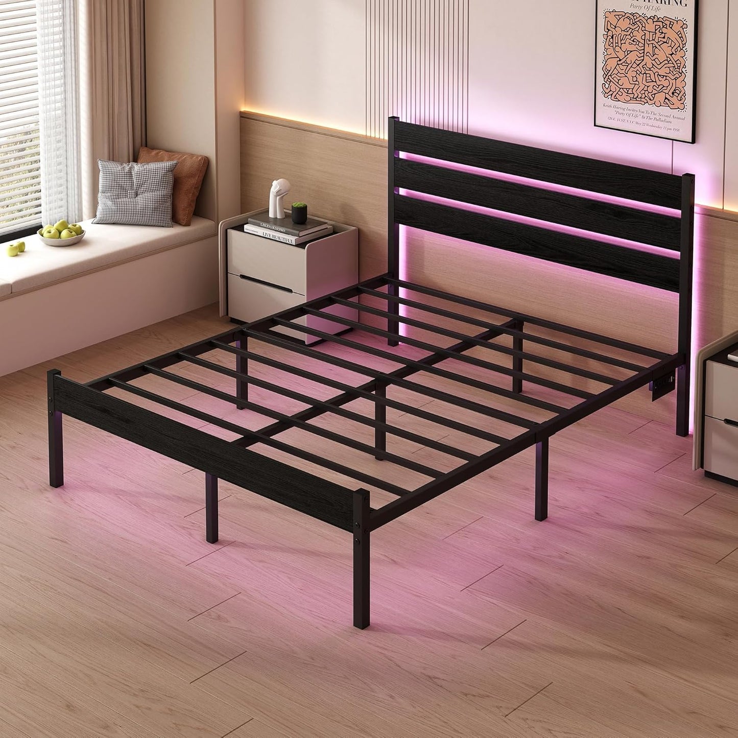 Full Size Bed Frame with Headboard,Heavy Duty LED Bed Frame with USB Charging Station,Mattress Foundation-Under Bed Storage, No Box Spring Needed, Noise Free,Black