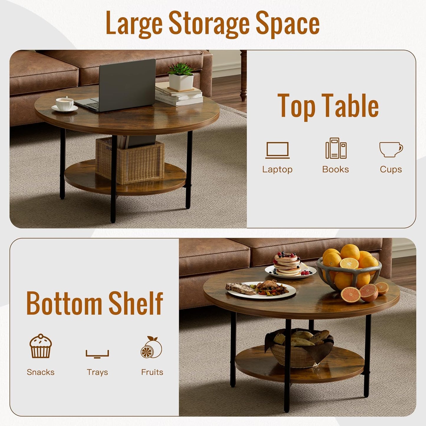 Round Coffee Table, 27.6" Circle Coffee Table for Living Room, 2-Tier Wood Accent Center Table with Open Storage Industrial Design Home Furniture, Rustic Brown