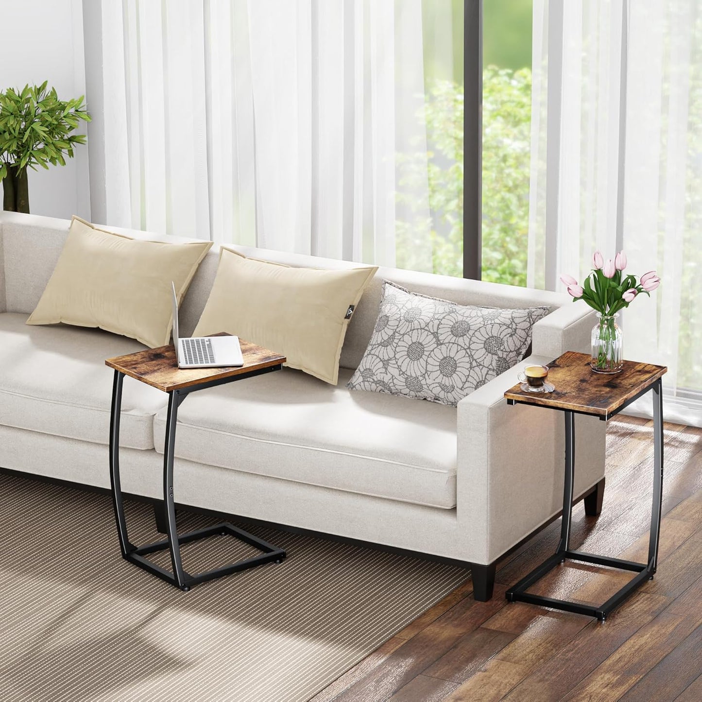 C-Shaped End-Table - Side Table for Couch,Curved Support Legs, Slide Under Couch Table for Sofa, TV Tray Table for Living Room Bedroom (Rustic Brown)