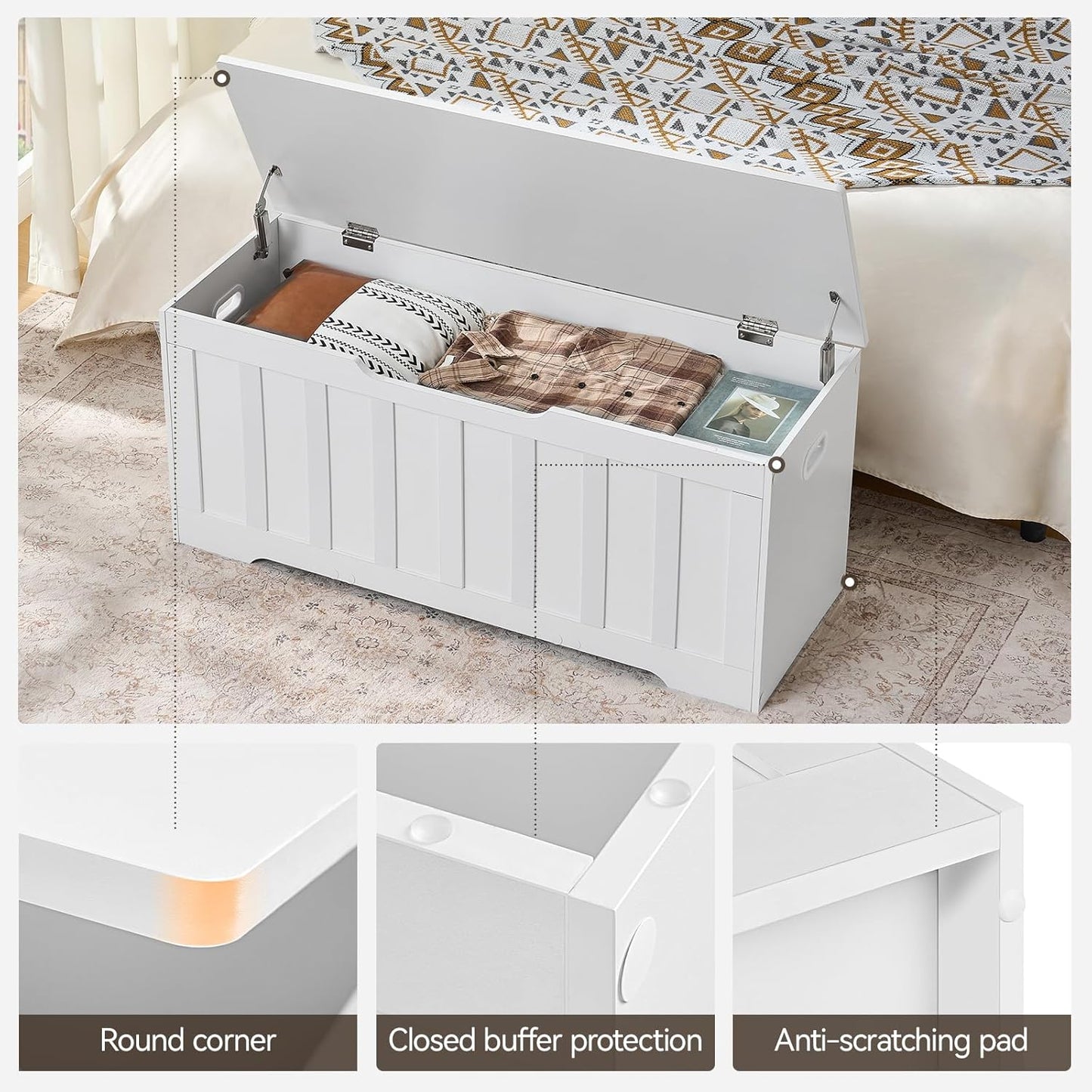 43.3" Storage Chest Extra Large,Storage Trunk with 2 Safety Hinges,Wooden Storage Bench,Shoe Bench,43.3x15.7x19.1 Inch,Easy Assembly,Storage Bench for Bedroom,Living Room,entryway(White).
