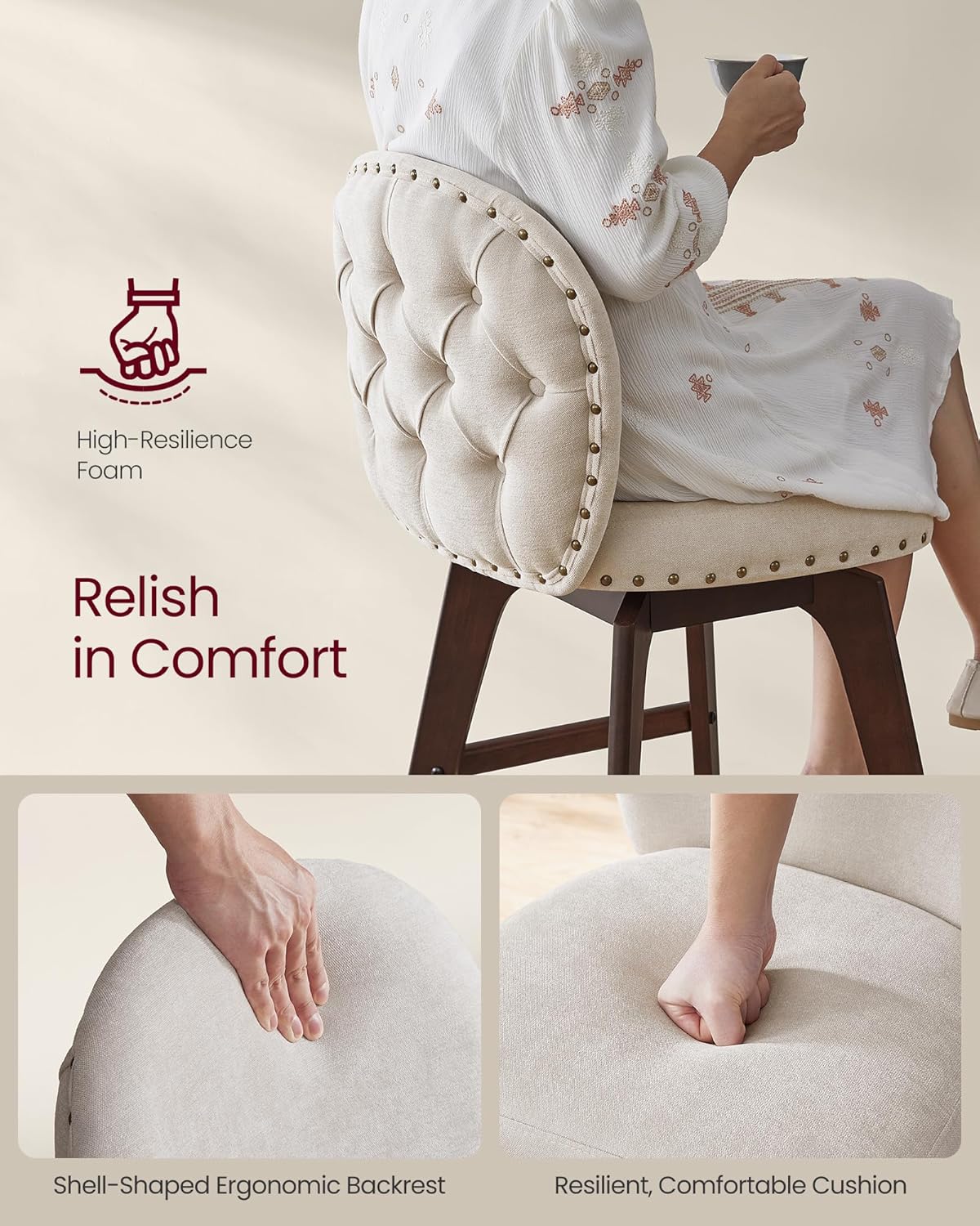 VASAGLE Bar Stools Set of 2, Swivel Counter Height Bar Stools with Back and Wood Legs, Chenille Fabric Upholstered Barstools, 26.2-Inch Tall Counter Barstools for Kitchen Island, Cappuccino Beige