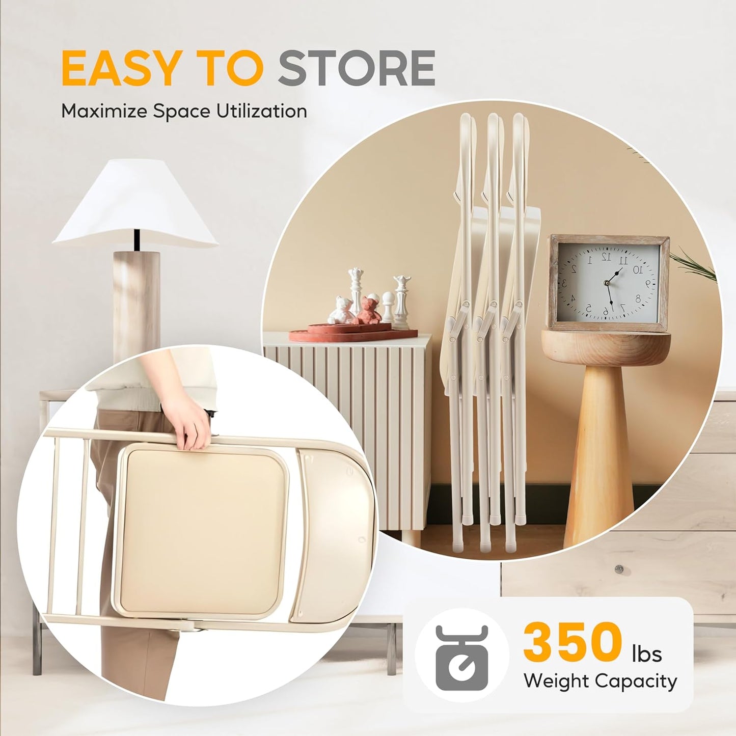 HealSmart 4 Pcs Folding Chairs with Leather Padded Cushion Seats, Back & Sturdy Metal Frame, Stackable, Portable, Commercial Event Seat, Indoor Outdoor for Parties, Home Event, Office, Tan