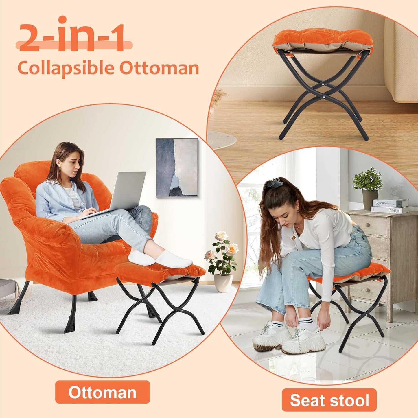Fabric Lazy Chair with Ottoman, Oversized Upholstered Sofa Chair for Adults, Plush Comfy Lounge Chair with Large Side Storage Pocket, Reading Chair for Living Room, Bedroom, Office, Orange