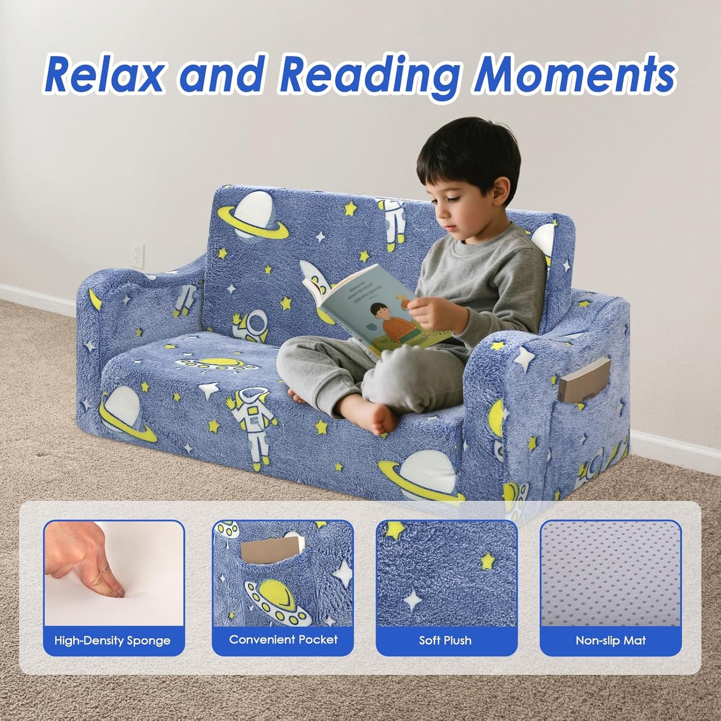 Kids Couch Extra Large,Glow in The Dark 2-in-1 Folding Kids Sofa Bed for Boys,2 Seats Convertible Sleeper Lounger Toddler Couch for Children Bedroom Playroom Nursery,Astronaut