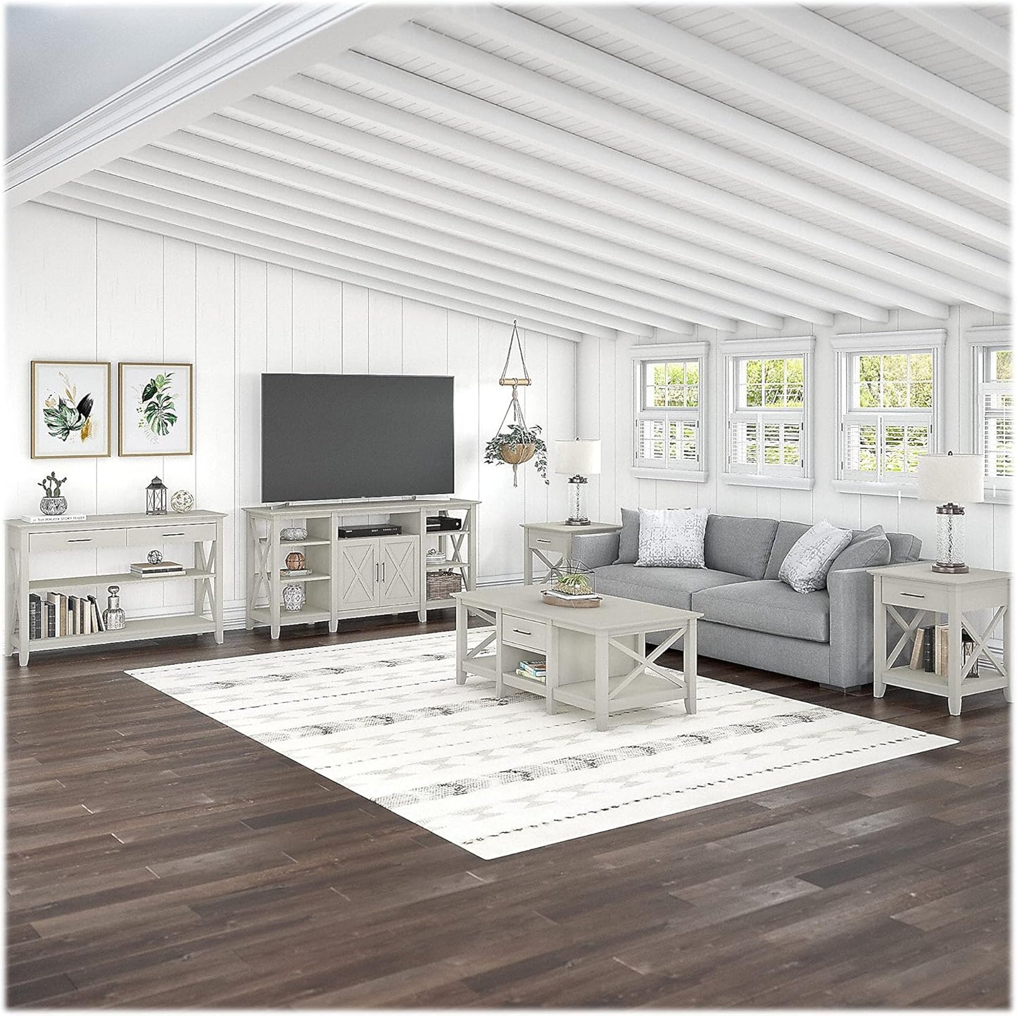 Bush Furniture Key West Tall TV Stand for 65 Inch TV in Linen White Oak, Farmhouse Entertainment Center with Storage