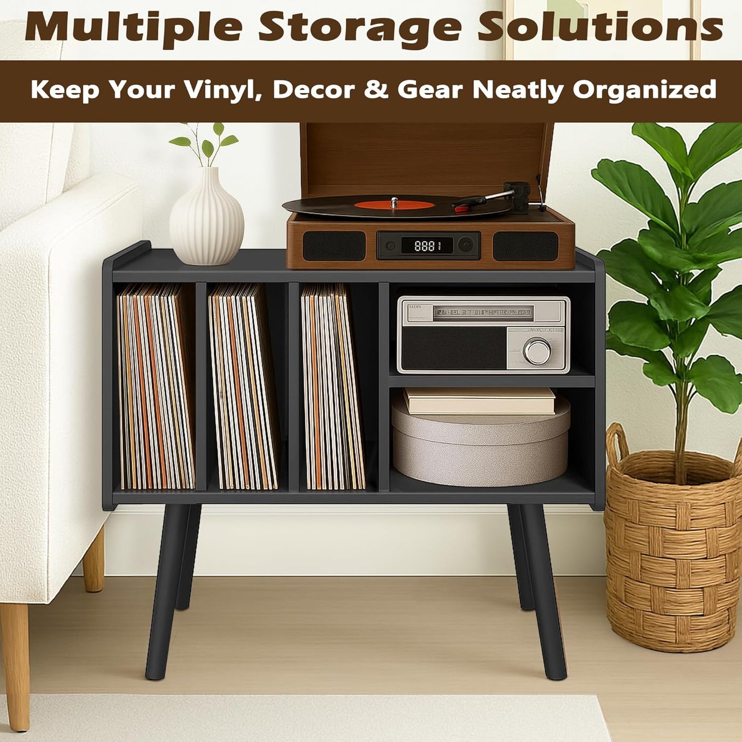 Record Player Stand with Vinyl Storage, Wooden Record Player Table with 5 Cabinet, Large Vinyl Record Player Stand, Record Player Holder, Record Player Shelf for Office Living Room, Black