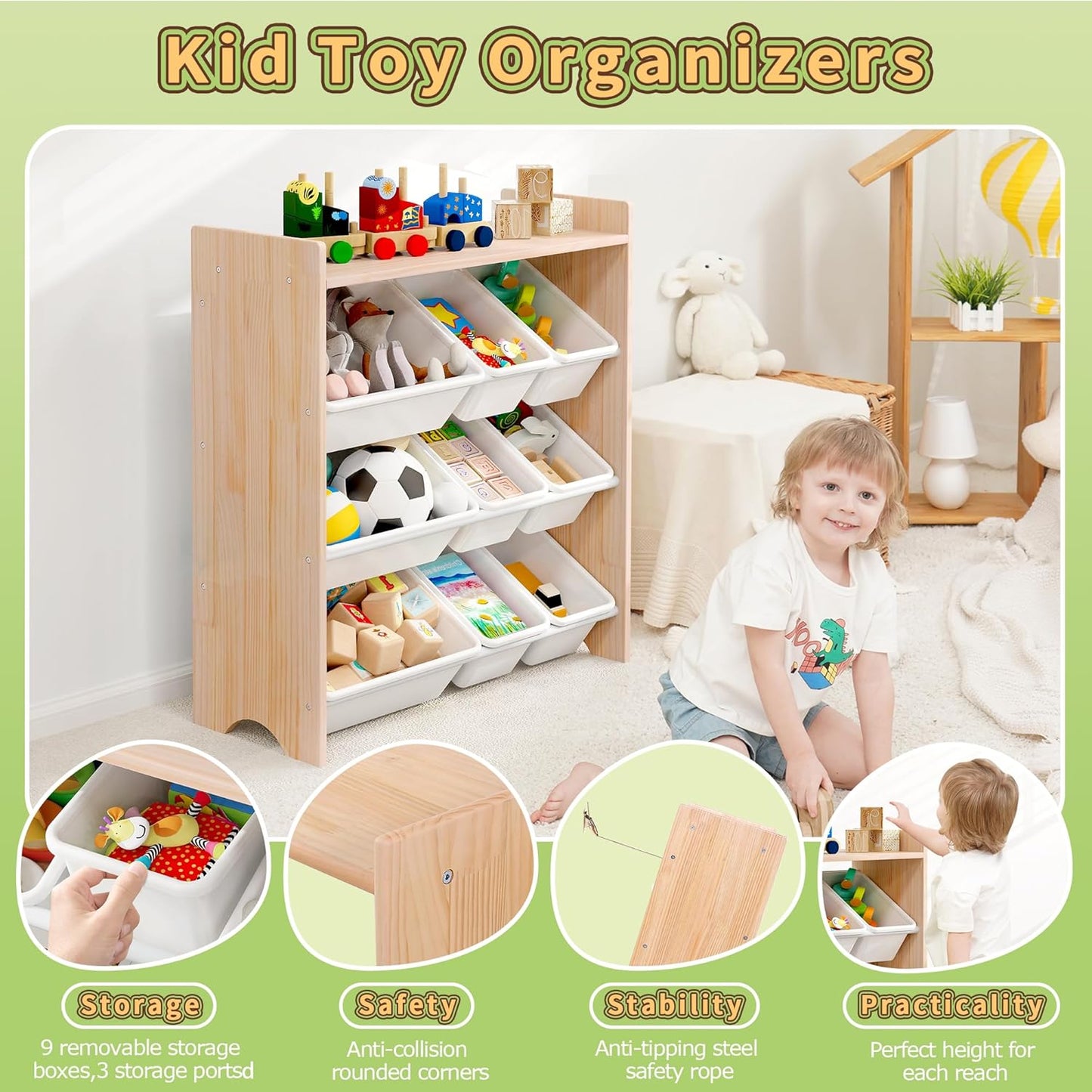 MallBest 4-Tier Kids' Toy Storage Organizer Shelf - 100% Solid Wood,Children's Storage Cabinet with 9 Plastic Bins