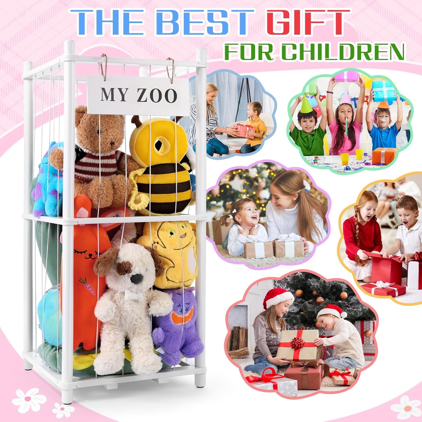 Stuffed Animal Storage Zoo, Wooden Stuffed Animal Organizer with Elastic Cords for Boys Girls, Space Saving Toy Plushies Storage Holder for Playroom, Bedroom, Living Room (White, Small)