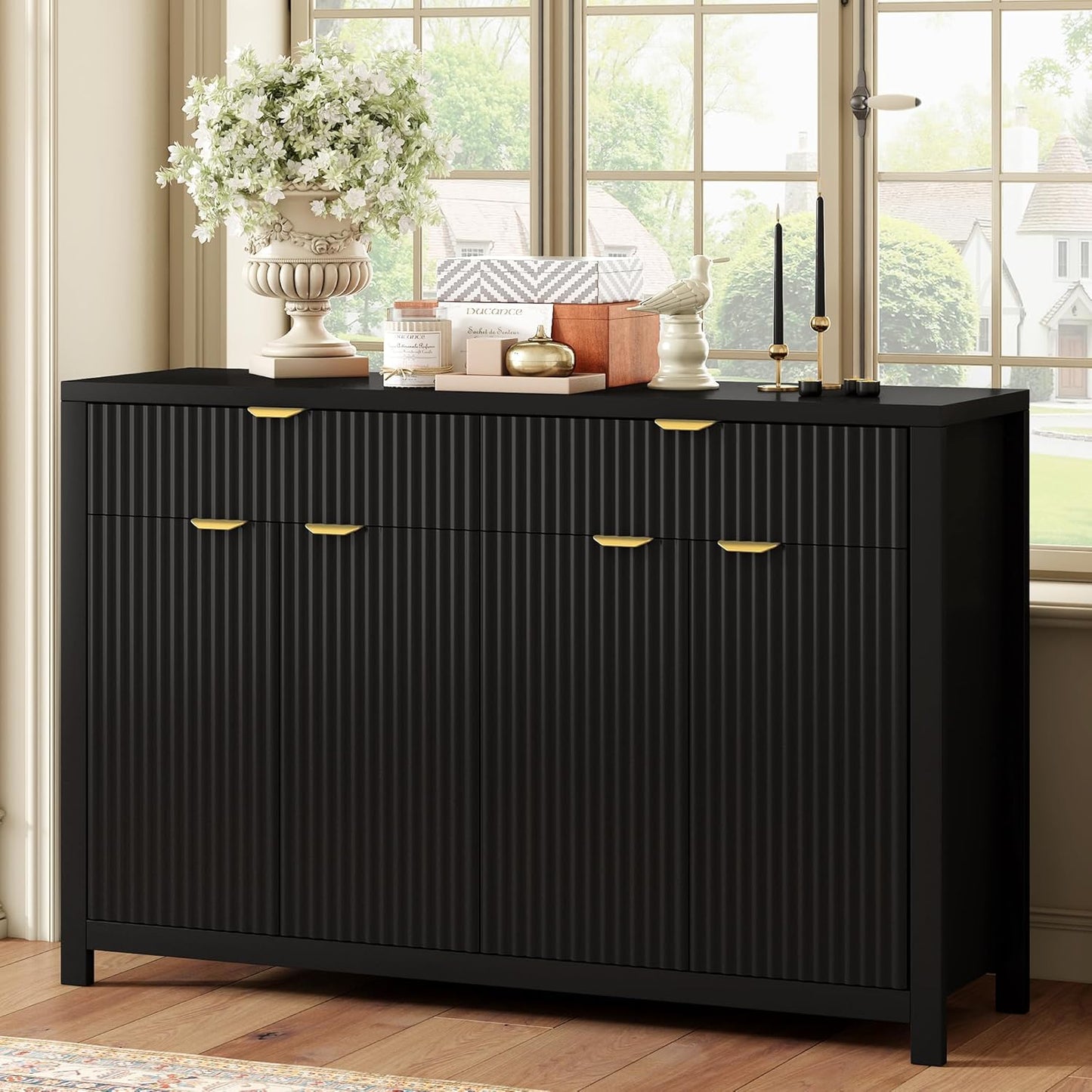 Merax Modern Wave-Pattern Sideboard Cabinet with 2 Drawers and 4 Doors,Buffet Cabinet,Aluminum Arc Handles,Scandinavian Style,Suitable for Entryway, Living Room,Foyer,Black