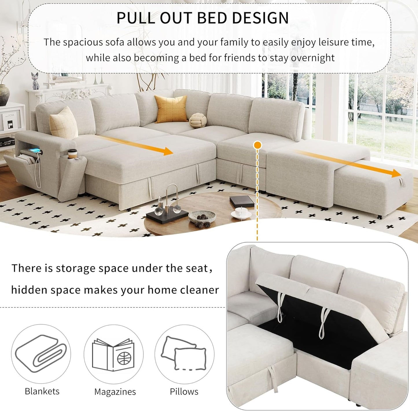 Merax L-Shaped Modular Sofa with Removable Storage Ottoman, USB Ports and Cup Holder, Upholstered Sectional Couch & Armrest, Free Combination Indoor Furniture for Living Room, Apartments, Beige