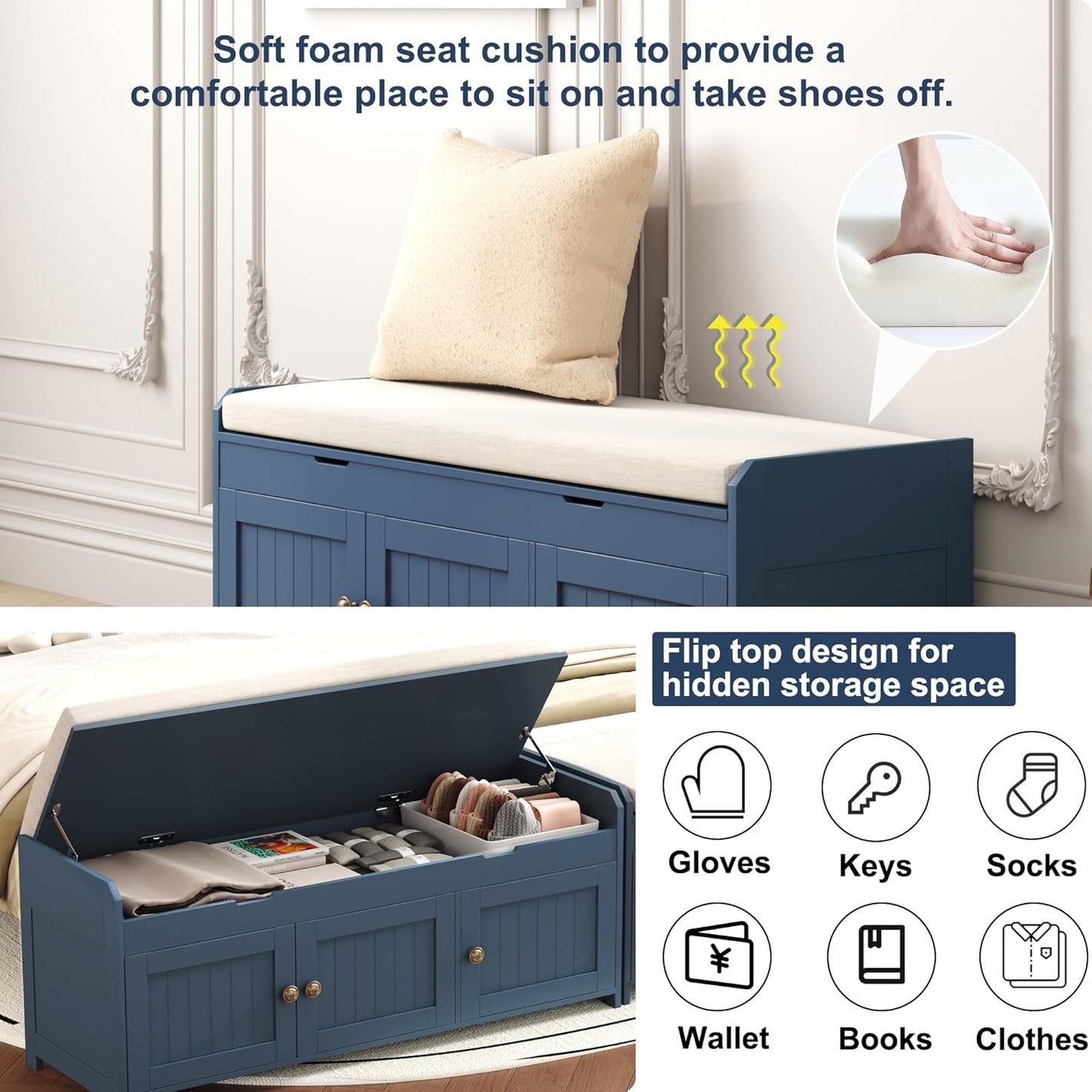 HOMEFORT 41.3" Shoe Bench with Lift Top Storage, Entryway Bench with Cushioned Seat, Wooden End of Bed Bench, Shoe Cabinet Bench with Hidden Storage Space, for Bedroom, Hallway,Blue