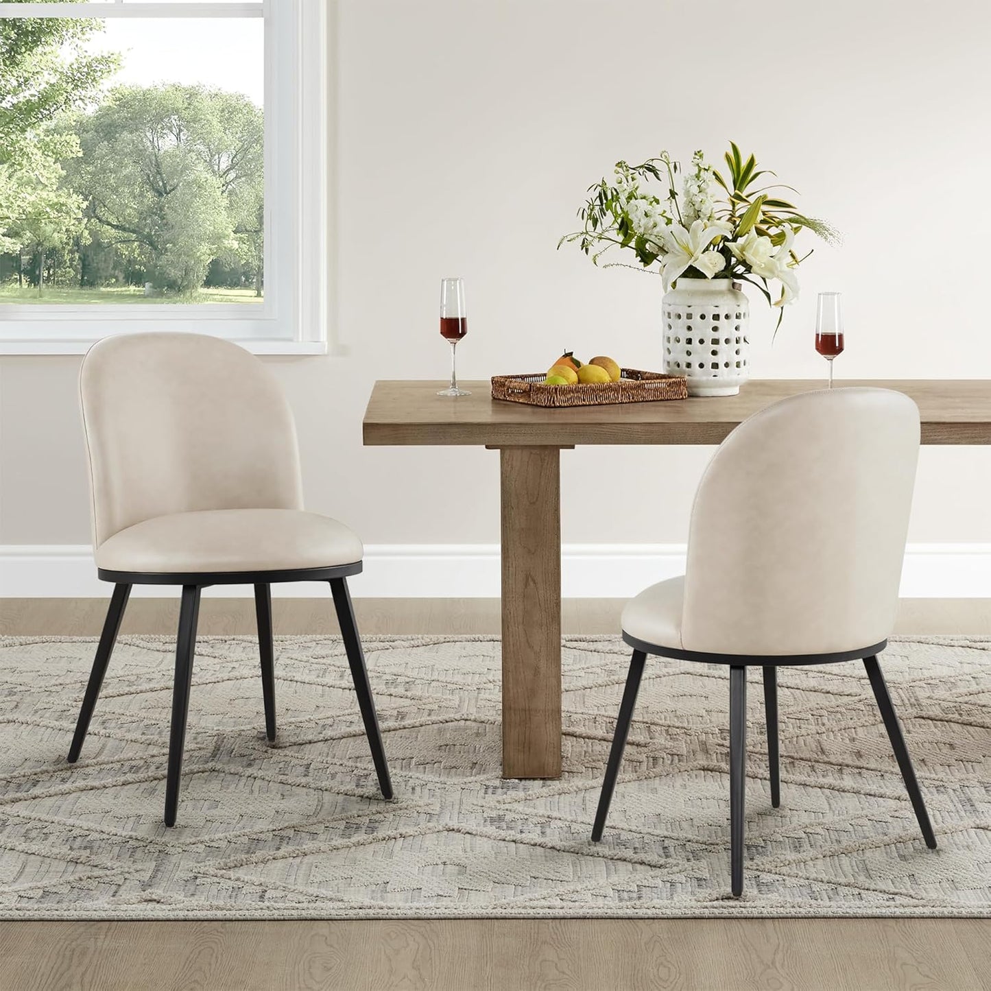 Dining Chairs Set of 6, Faux Leather Upholstered Dining Room Chairs with Ergonomic Backrest & Metal Legs, Modern Kitchen Side Chairs for Home, Restaurant, and Café, Beige, 2 Boxs