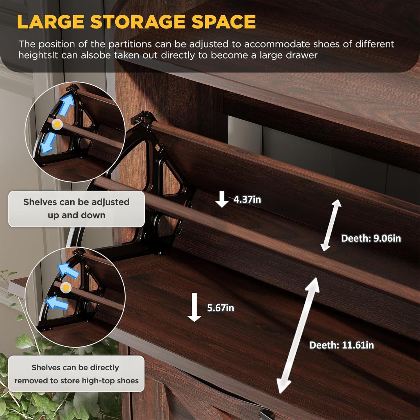 Maupvit Large Shoe Storage Cabinet with 4 Flip Drawers, Narrow Shoe Cabinet for Entryway with Wooden Legs, Freestanding Hidden Shoe Rack Organizer & Metal Hinges, Walnut