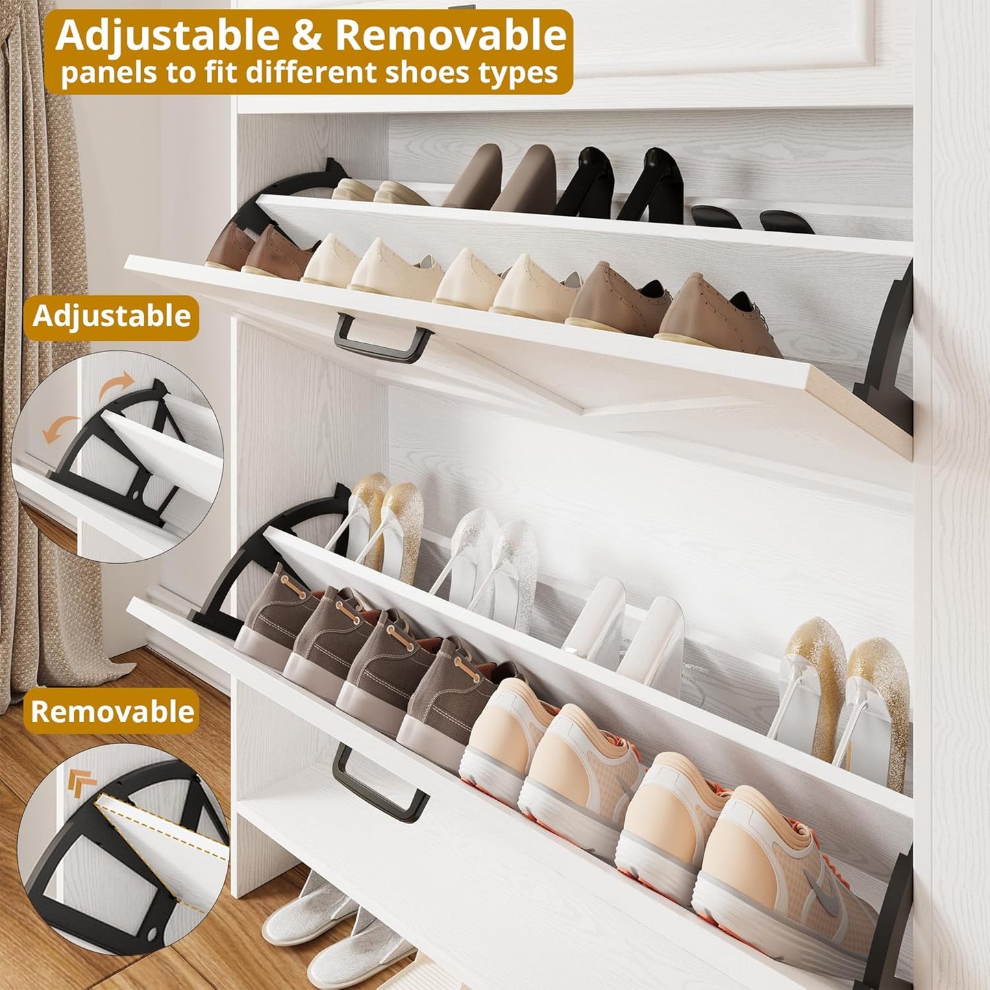 IRONCK Shoe Storage Cabinet with 2 Flip Drawers & Barn Door Design, Freestanding Shoe Cabinet Organizer with Drawer and Shelves for Entryway, Farmhouse Shoe Rack Cabinet, White/Black