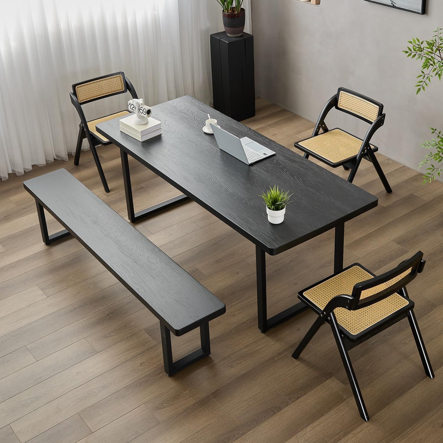 Modern Solid Wood Dining Table with Metal Base Stylish Durable Dining Room Table in Black Multiple Sizes Home Use Office Desk(62.99in)