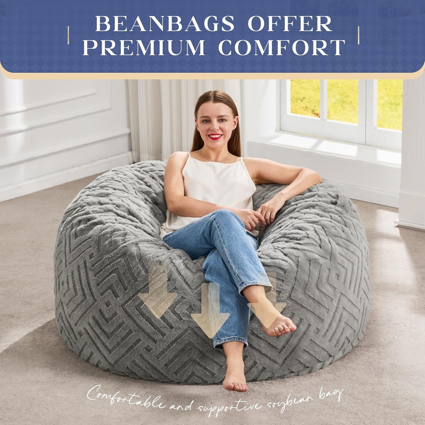 Hobestluk Bean Bag Chairs Adults Beanbag Chair with Filler Large Bean Bags with Fluffy Embossed Cover, Giant Bean Bag Chairs for Adults (Grey, 3FT - 36” x 36” x 22”)