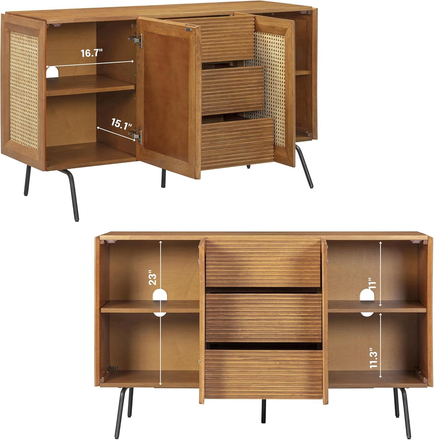 NTC MOSSIC Sideboard with 2 Doors and 3 Drawers, Buffet Cabinet with Natural Rattan and Metal Legs, Modern Storage Cabinet for Living Room, and Hallway, Effortless Assembly, Teak Look