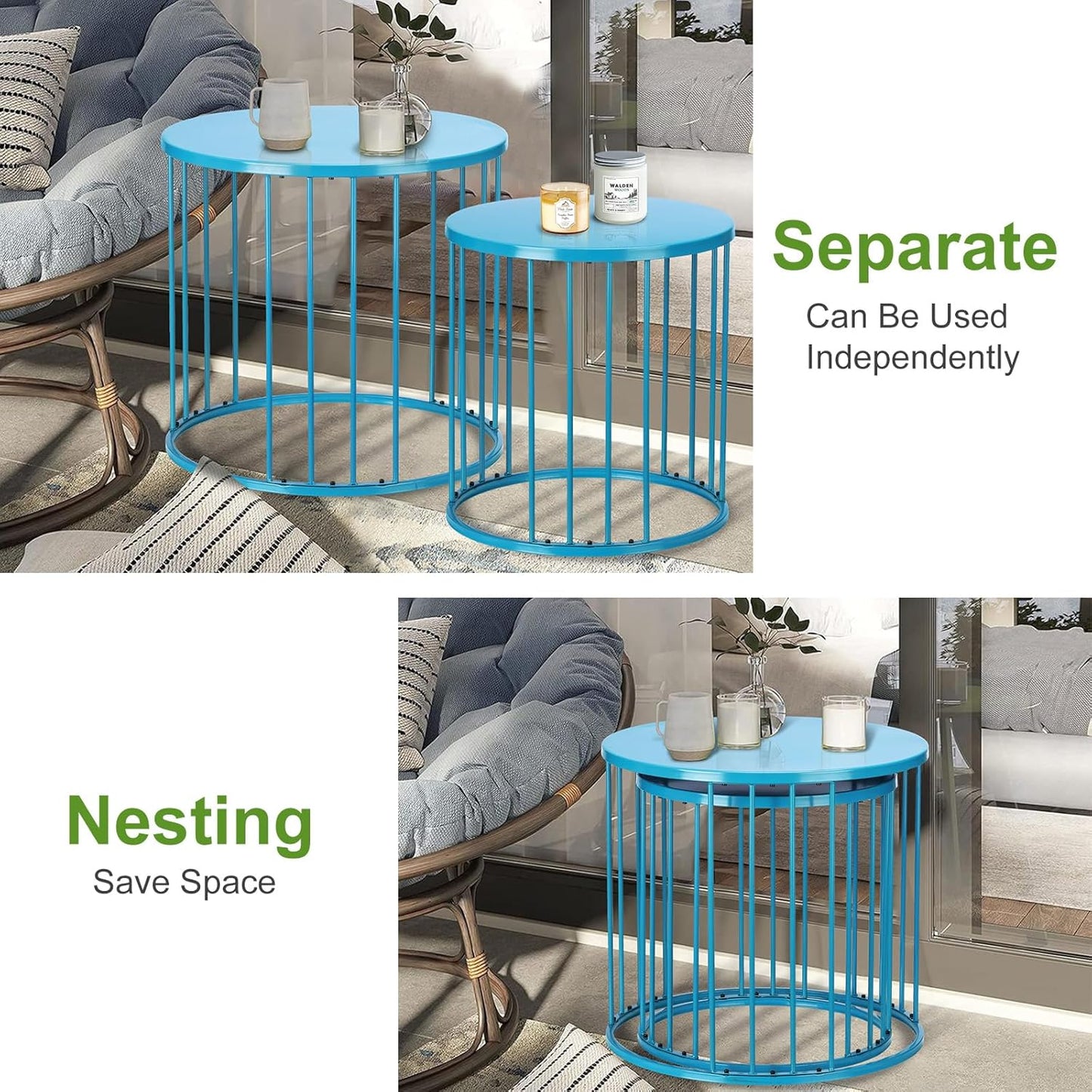 SUNNYPARK Outdoor Side Table Set of 2, Metal Circle Accent End Tables for Balcony Backyard Garden Indoor Living Room, Durable Black Nesting Coffee Tables, 20”+16” Dia