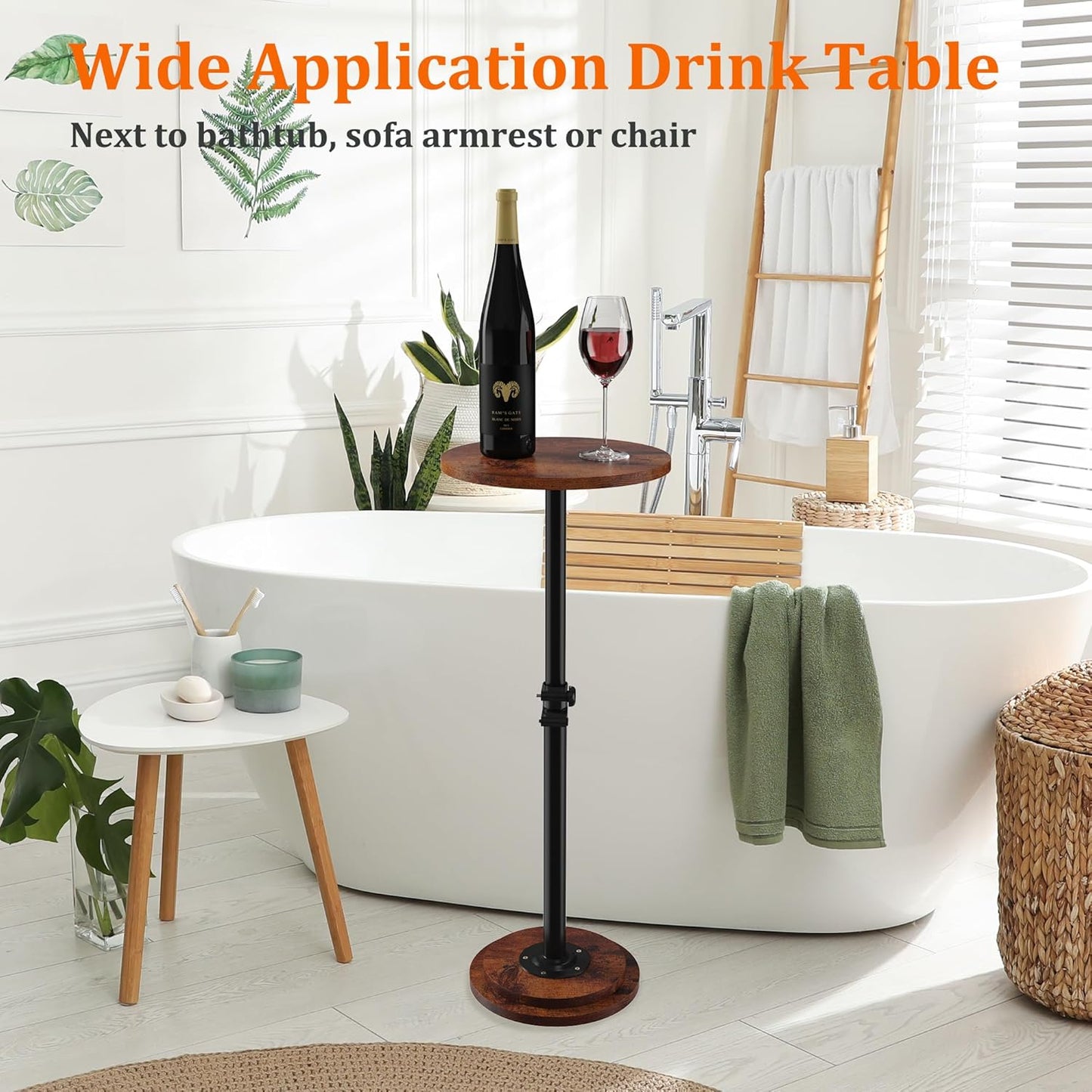 Drink Table, Small Round Side Table - 360° Swivel Height Adjustable for Small Spaces, Pedestal Martini Table for Sofa Couch, Living Room, Bedroom, Vintage