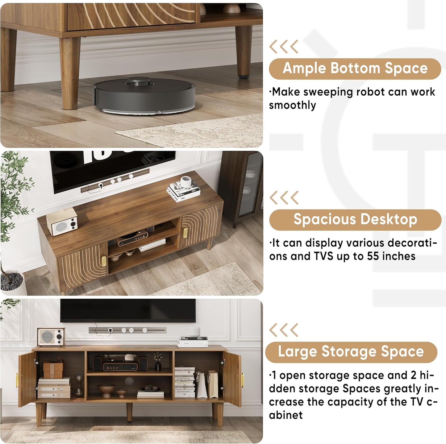 Smuxee Walnut TV Stand with Line Groove Design, 47.2" Mid Century Modern TV Media Console for TVs up to 55", TV Cabinet with Adjustable Shelf & 2 Cabinets for Living Room