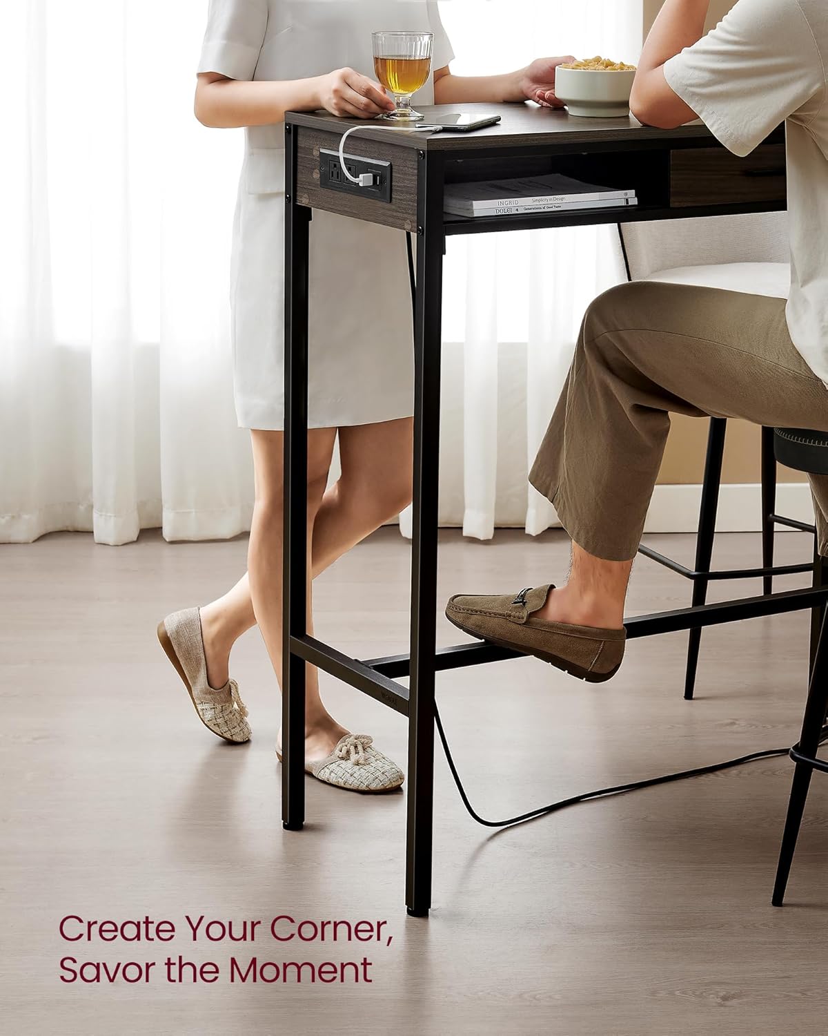 VASAGLE Bar Table with Power Outlets, 47.2 Inches Long Bar Height Pub Table, Rectangular High Top, with Movable Drawer, 2 Hooks, Narrow Storage for Kitchen, Dining, Entryway, Ash Brown