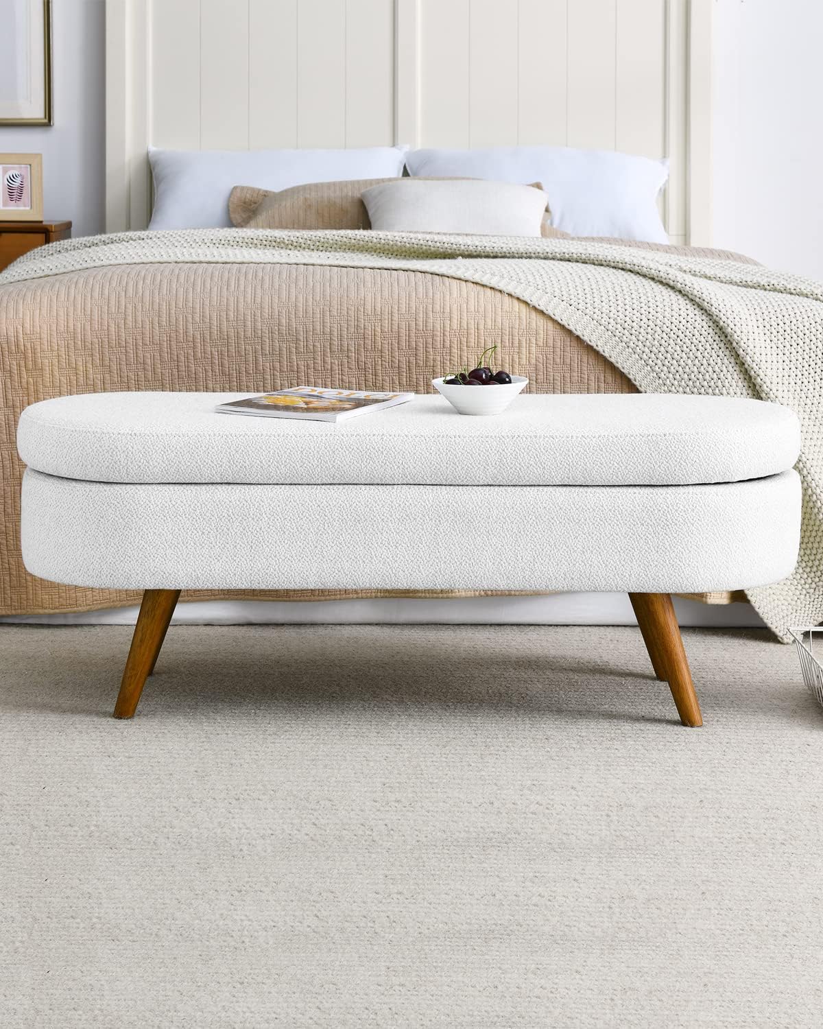 Oval Storage Bench 43.5" Linen Fabric Upholstered Entryway Bench with Solid Wood Legs Ottoman Bench Indoor Bench for Living Room/Bedroom/End of Bed/Entryway (White)