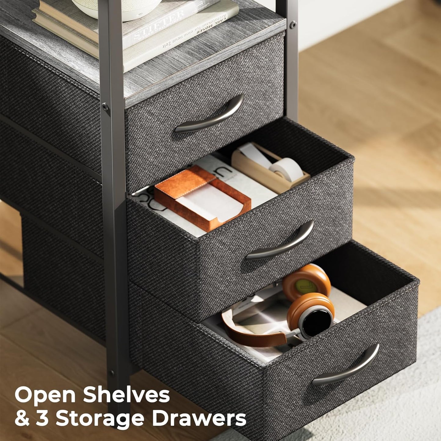 Huuger L Shaped Office Desk with Power Outlets, 47 Inch Computer Desk with 3 Drawers, Shelves, for Gaming, Corner Work, Home Office, Study, Grey