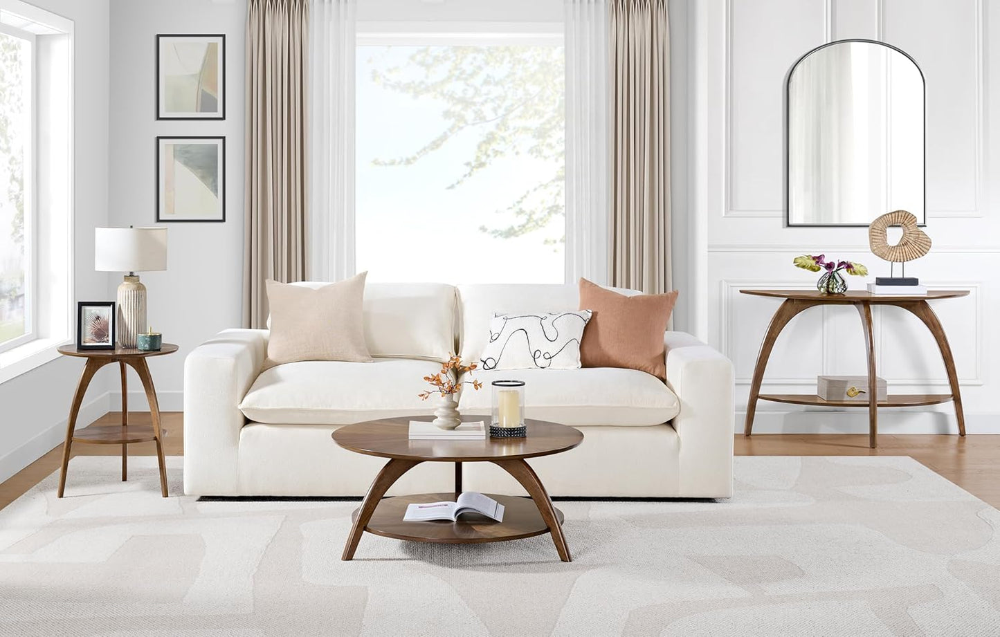 Martin Svensson Home Round Wood Walnut Brown 20" Living Room End Side Accent Table Nightstand with Storage Shelf