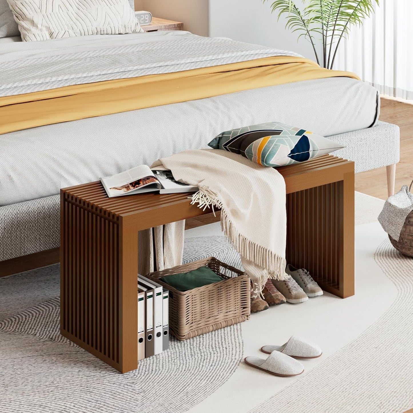 Bamboo Dining Bench Indoor Long Entryway Shoe Rack Bench,Outdoor Modern Wood Benches 35 Inch Bamboo Bench for Living Room Hallway Bedroom Bathroom