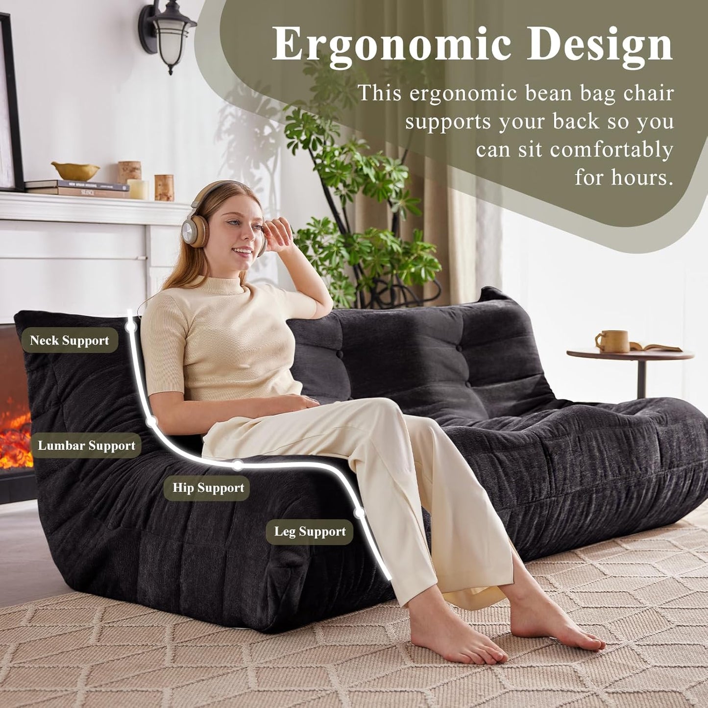 Bean Bag Chair, 3 Seater Fireside Chair Large Bean Bag Sofa for Adults, Memory Foam Chairs Gaming Chairs with Comfy Design & Soft Fabric, Lazy Floor Sofa for Living Room, Bedroom, Dark Gray