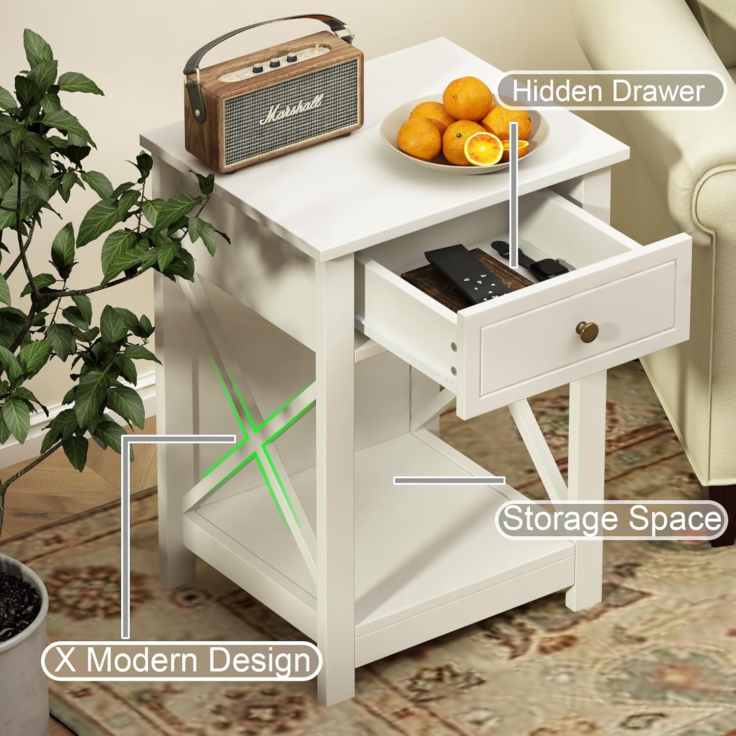 Treocho White Nightstand Set of 2, Modern X-Design Night Stand,Bedside End Table with Open Storage for Small Place,Bedroom